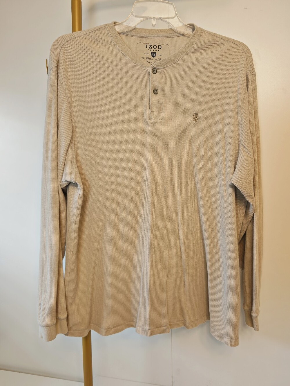 Waffle Knit IZOD Henley Shirt Mens XL Tan Long Sleeve Fall Casual